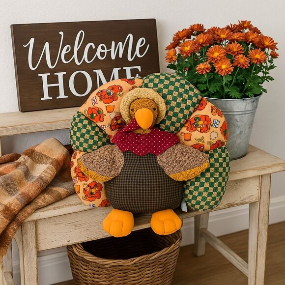 Autumn Patchwork Pillow Thanksgiving Turkey Quilt Home Decor Farmhouse Country - Picture 1 of 11